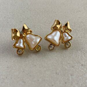 Vintage  Bell Earrings Faux Pearl Bow Bell Pierced Holiday Gold White Christmas